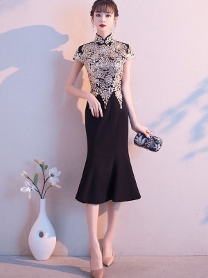 Black Mothers Fishtail Mid Qipao Cheongsam Dress