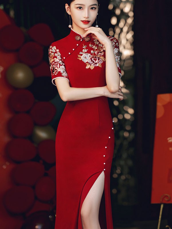 Burgundy Thigh Split Appliques Wedding Qipao Cheongsam Dress