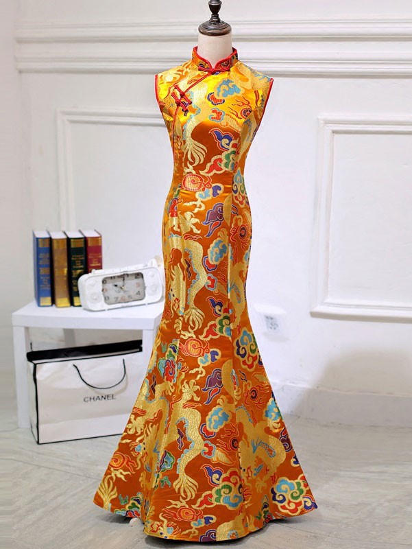 Red Yellow Dragon Fishtail Qipao / Cheongsam Prom Dress