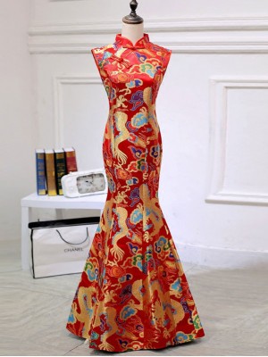 Red Yellow Dragon Fishtail Qipao / Cheongsam Prom Dress