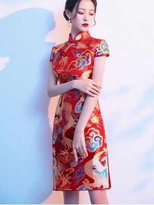 Yellow Red Dragon Short Qipao Cheongsam Dress