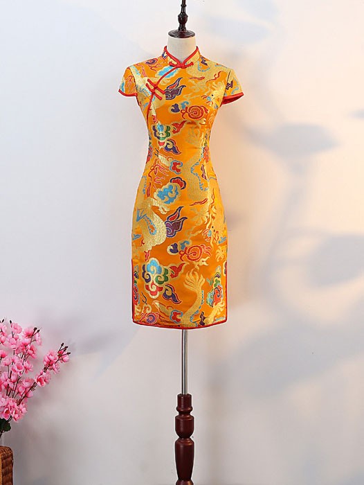 Yellow Red Dragon Short Qipao Cheongsam Dress