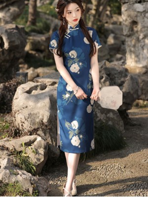 2023 Summer Blue Floral Tea Cheongsam Qipao Dress