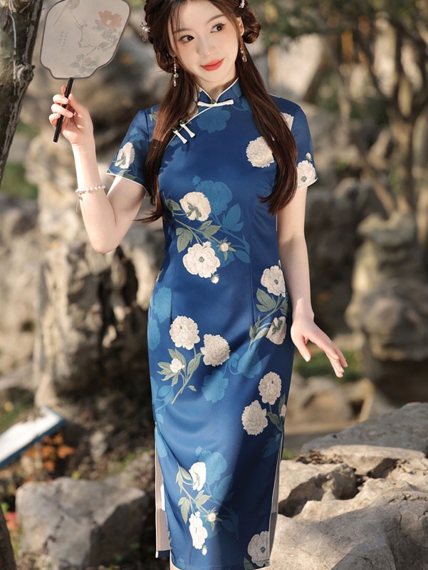 2023 Summer Blue Floral Tea Cheongsam Qipao Dress