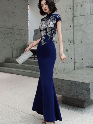 Blue White Appliques Fishtail Qipao Cheongsam Dress