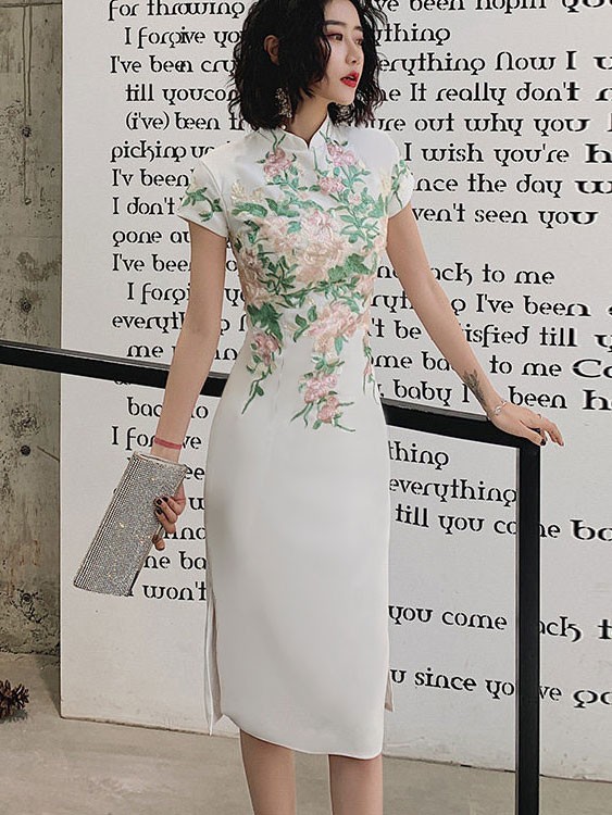 Blue White Appliques Short Qipao Cheongsam Dress