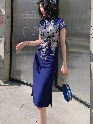 Blue White Appliques Short Qipao Cheongsam Dress