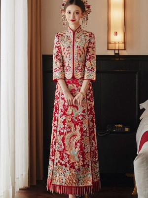 2026 Beaded Wedding Bride QunKwa with Embroidered Phoenix & Dragon