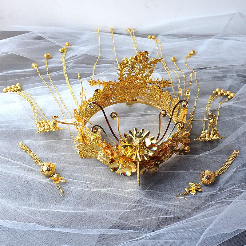 Gold Tone Wedding Bride Hair Crown Vine Clips & Earring