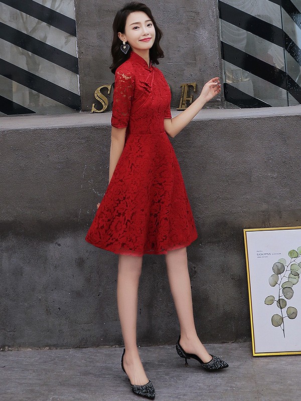 Wine Red A-Line Lace Short Qipao / Cheongsam Dress