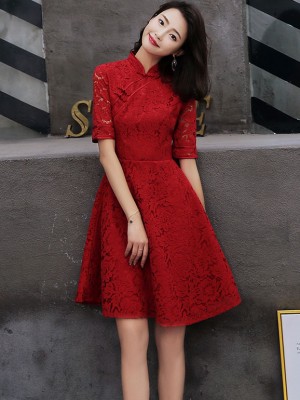 Wine Red A-Line Lace Short Qipao / Cheongsam Dress