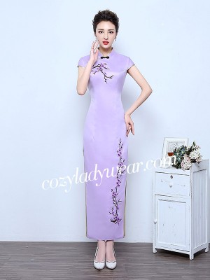Purple Ankle-Length Qipao / Cheongsam Wedding Dress with Floral Embroidery