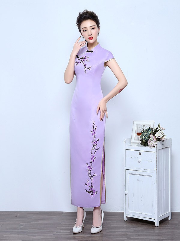 Purple Ankle-Length Qipao / Cheongsam Wedding Dress with Floral Embroidery