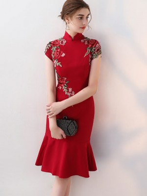 Embroidered Midi Qipao / Cheongsam Dress with Frill Hem