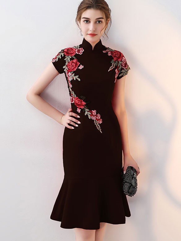 Embroidered Midi Qipao / Cheongsam Dress with Frill Hem - CozyLadyWear