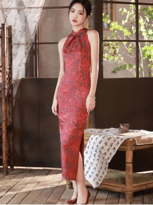 2023 Pink Jacquard Halter Cheongsam Qipao Dress