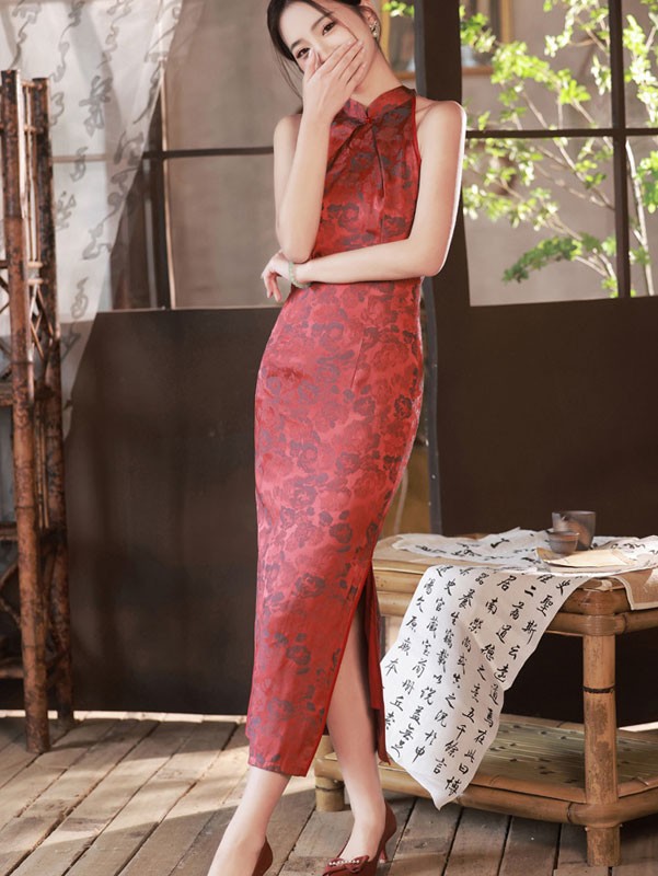 2023 Pink Jacquard Halter Cheongsam Qipao Dress