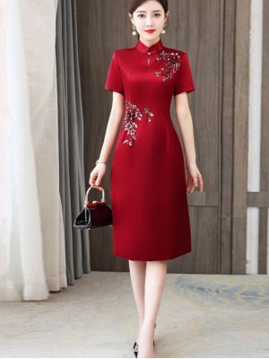 Red Bride Mothers Appliques Mid Qipao Cheongsam Dress