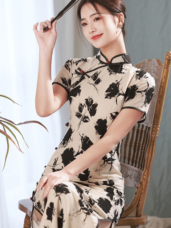Color-blocked Floral Print Maxi Qipao Cheongsam Dress