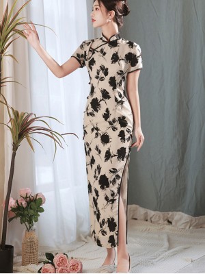 Color-blocked Floral Print Maxi Qipao Cheongsam Dress