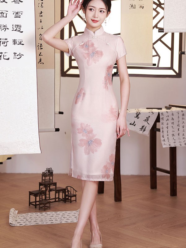 Pink Jacquard Mid Qipao Cheongsam Dress