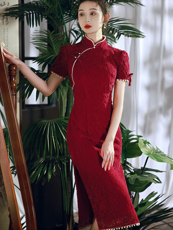 Beaded Red Lace Mid Wedding Qipao Cheongsam Dress