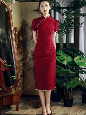 Beaded Red Lace Mid Wedding Qipao Cheongsam Dress