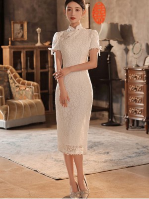 Beaded White Lace Mid Wedding Qipao Cheongsam Dress