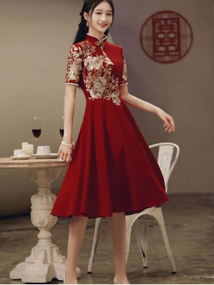 Red Appliques Mid Fit & Flare Wedding Qipao Cheongsam Dress