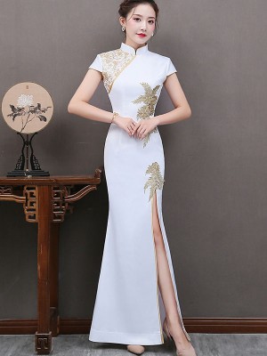 White Beaded Split Front Long Qipao / Cheongsam Dress