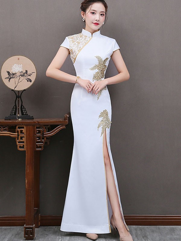 White Beaded Split Front Long Qipao / Cheongsam Dress - CozyLadyWear