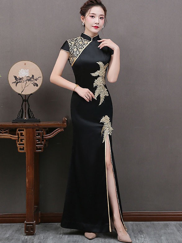 White Beaded Split Front Long Qipao / Cheongsam Dress