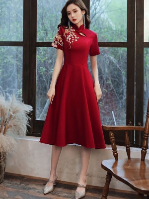 Burgundy Embroidered Midi A-Line Qipao / Cheongsam Wedding Dress