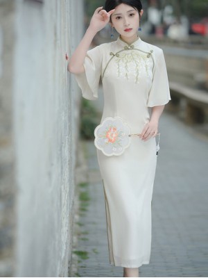 Embroidered Chiffon Bell Sleeve Qipao / Cheongsam Dress