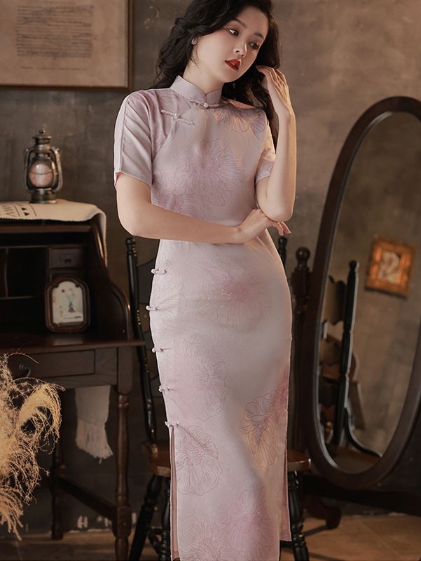 Pink Jacquard Maxi Qipao / Cheongsam Dress