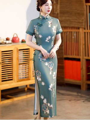Blue Vintage Floral Maxi Qipao / Cheongsam Dress