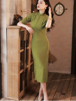 Green Blue Jacquard Mid Qipao Cheongsam Dress