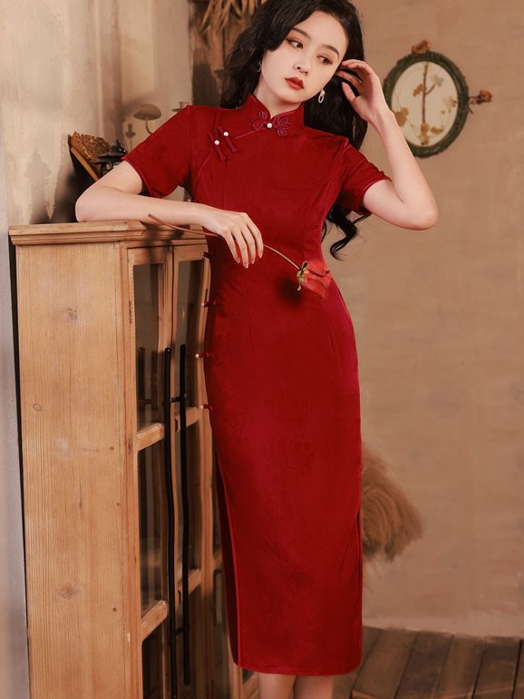 Red Jacquard Mid Wedding Qipao Cheongsam Dress