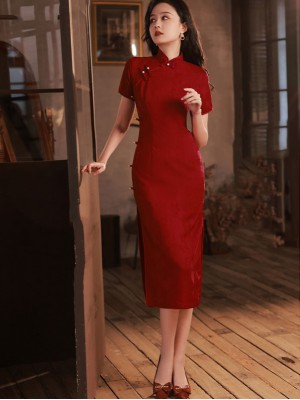 Red Jacquard Mid Wedding Qipao Cheongsam Dress