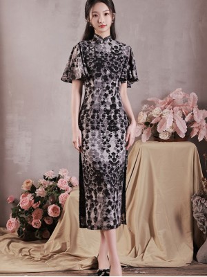 2023 Floral Chiffon Flutter Sleeve Qipao Cheongsam Dress