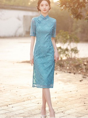 2023 Lake Blue Lace Mid Qipao Cheongsam Dress