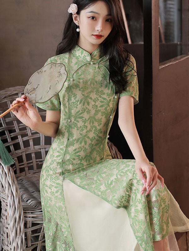 Green Floral Lace A-line Aodai Cheongsam Dress