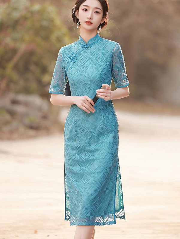 Lake Blue Lace Mid Qipao Cheongsam Dress