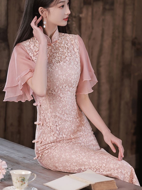 Pink Lace Flutter Sleeve Tea Qipao Cheongsam Dress
