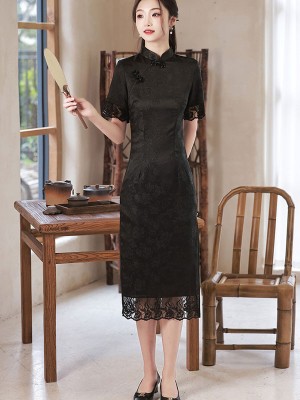 Black Mothers Jacquard Mid Tea Qipao Cheongsam Dress