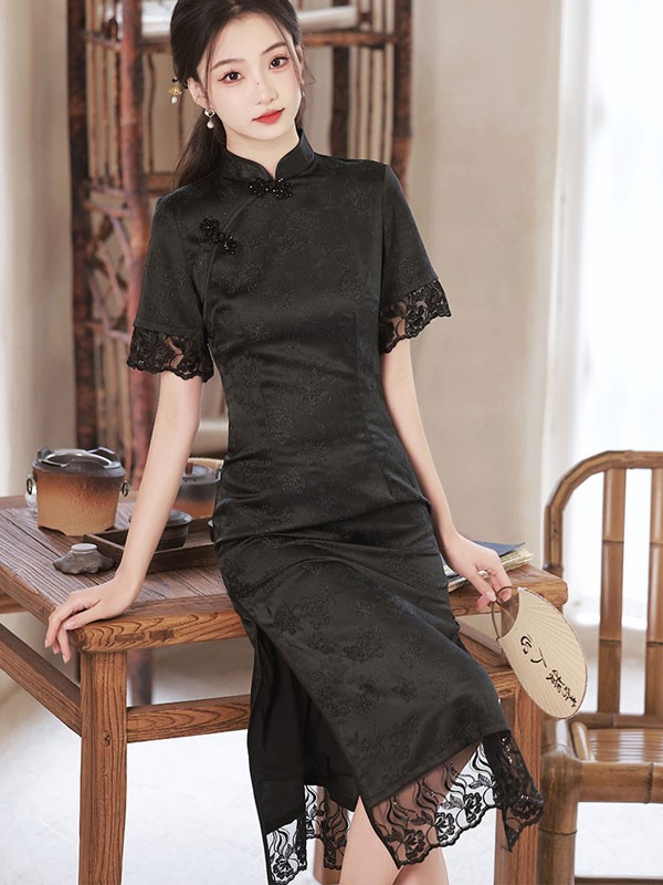 Black Mothers Jacquard Mid Tea Qipao Cheongsam Dress