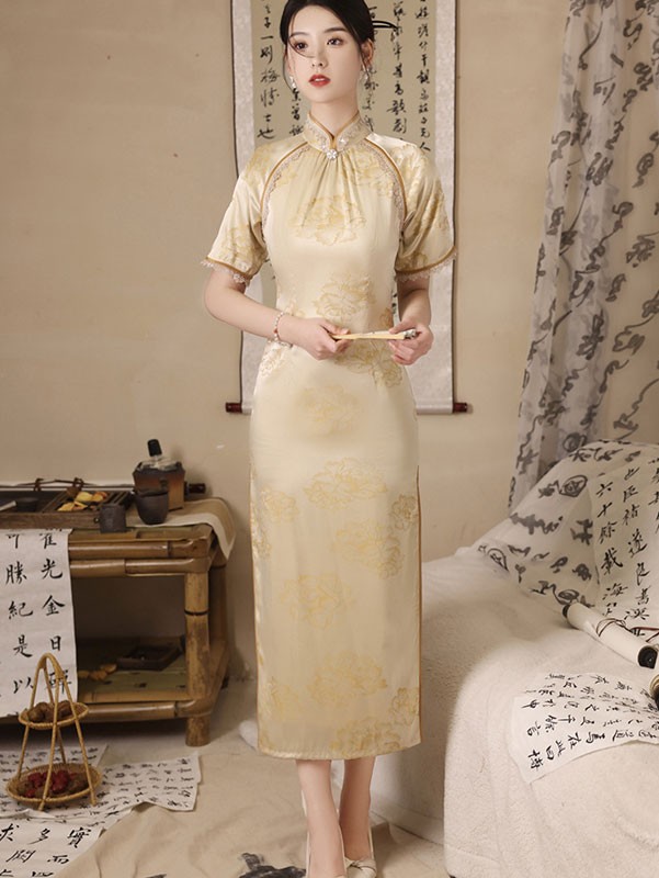 Gray Yellow Mothers Floral Qipao Cheongsam Dress