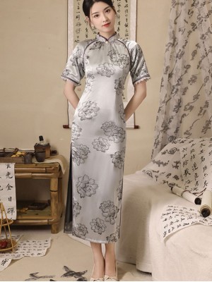 Gray Yellow Mothers Floral Qipao Cheongsam Dress