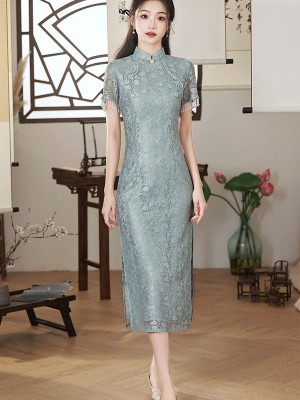 2023 Blue Pink Lace Mid Tea Qipao Cheongsam Dress
