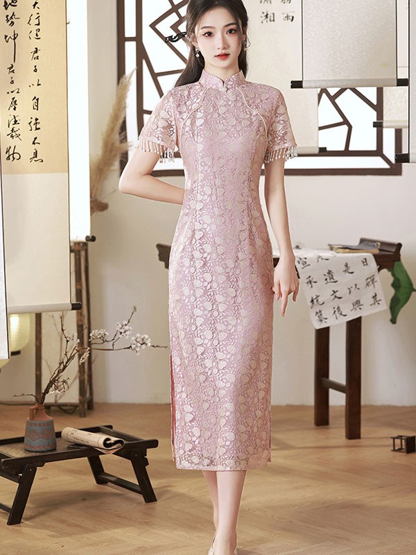 Blue Pink Lace Mid Tea Qipao Cheongsam Dress